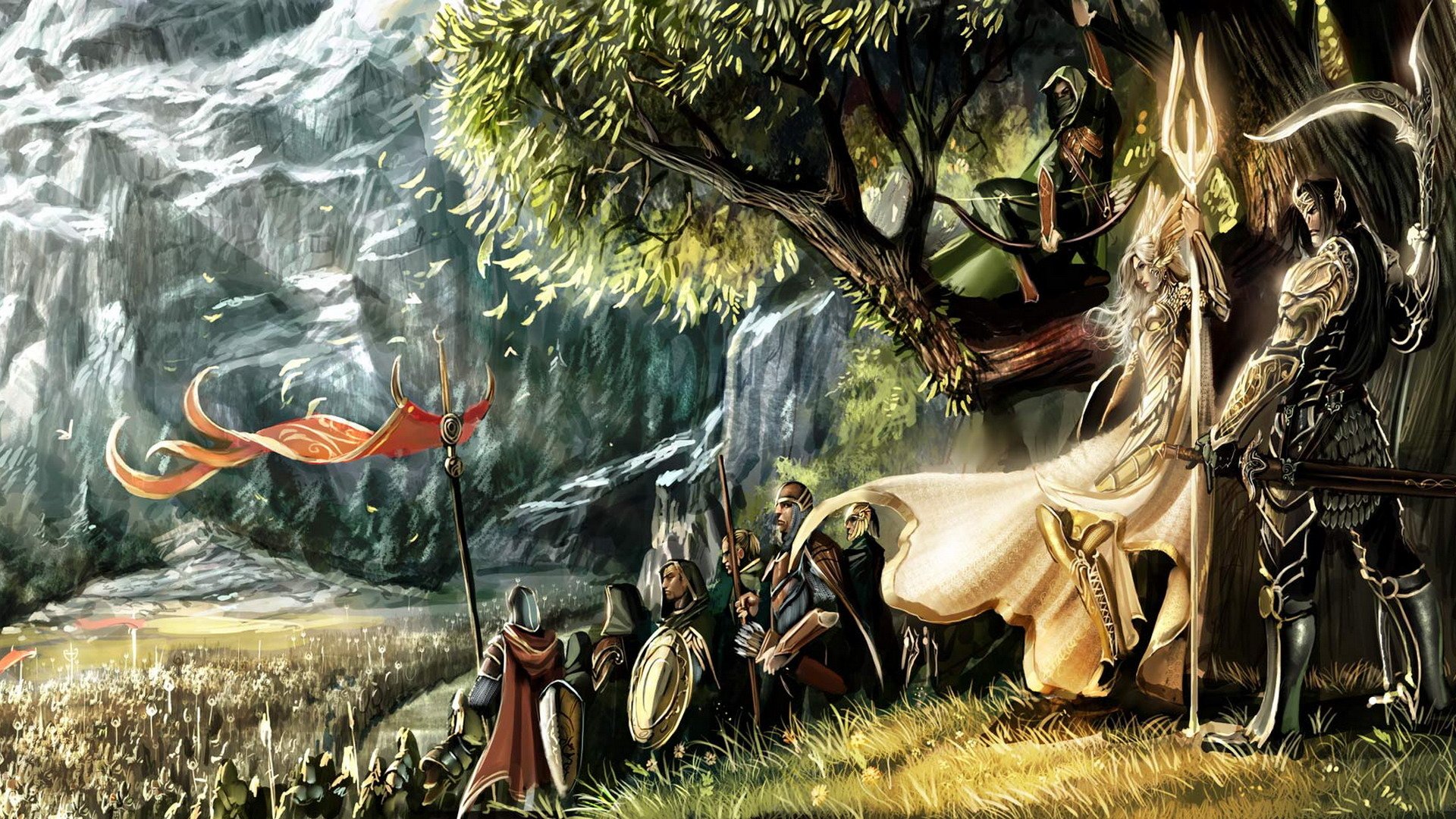 elves war tree girl banner mountain