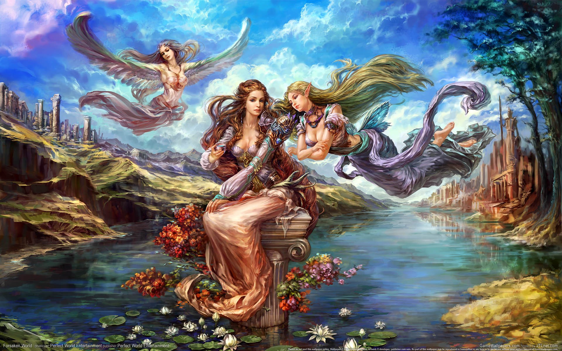 forsaken world girls elf fairy pond flower lotus wing