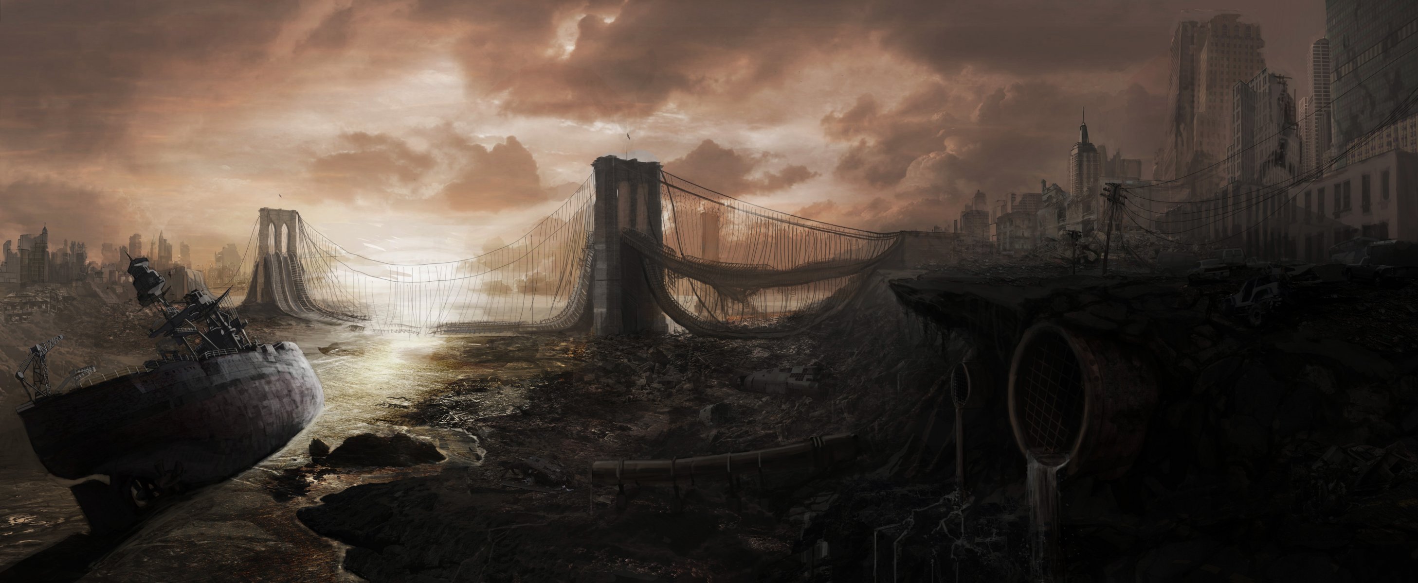 post-apocalypse ruines pont ruine navire ville