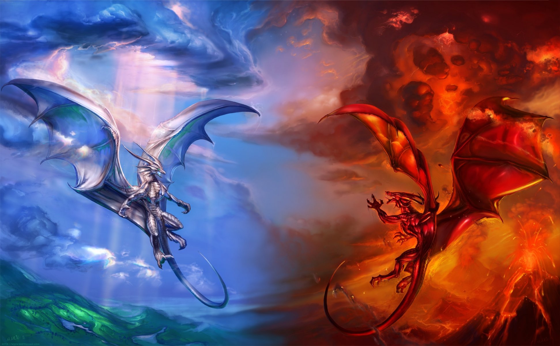 dragons blue red air fire volcano clouds clouds lava