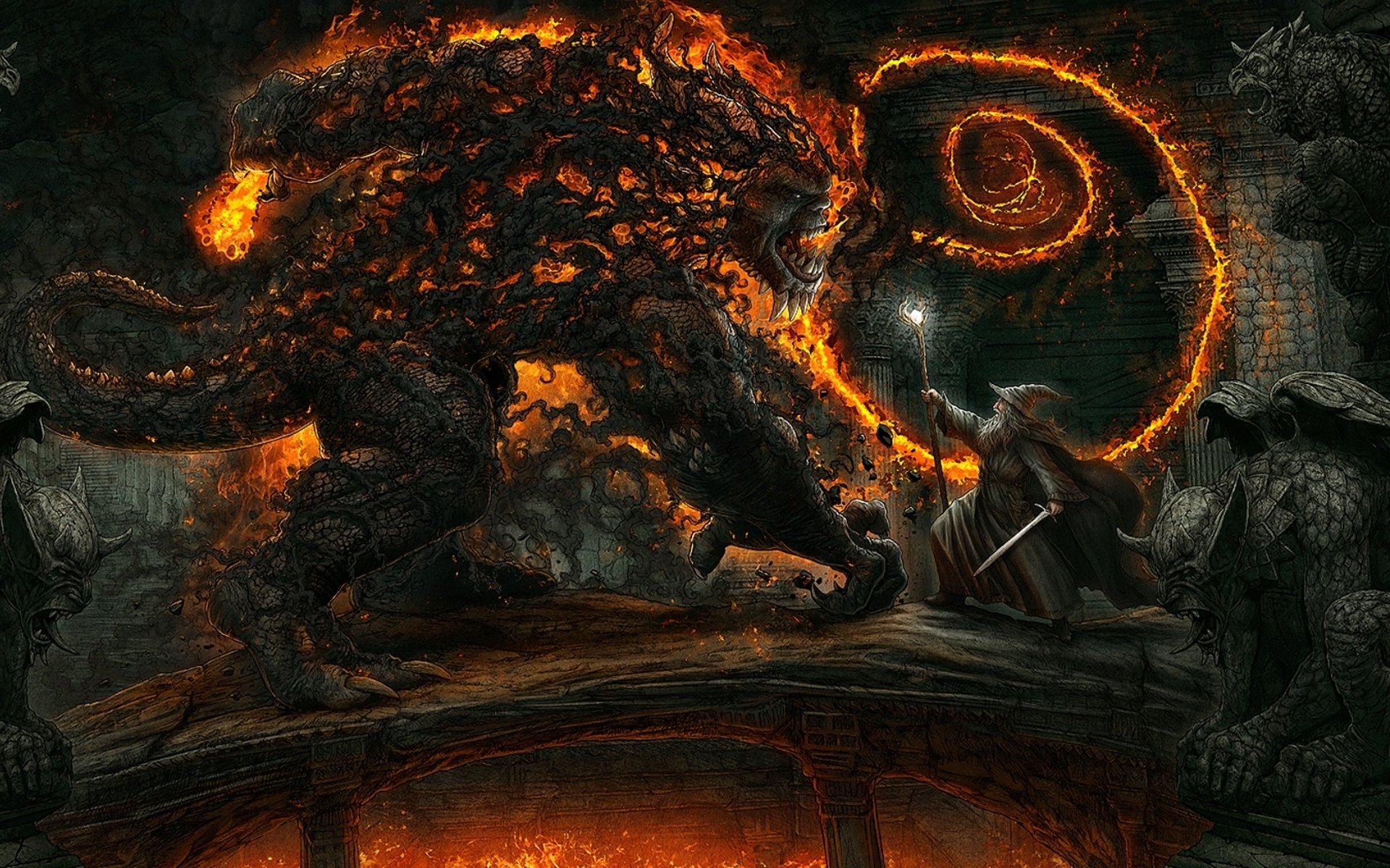 kerem beyit most khazad-dum władca pierścieni kopalnie morii gandalf balrog cień&ogień bitwa fantasy art most kazad-dum moria kopalnie czarodziej balrog miecz różdżka walka ogień posągi gargulce fantasy