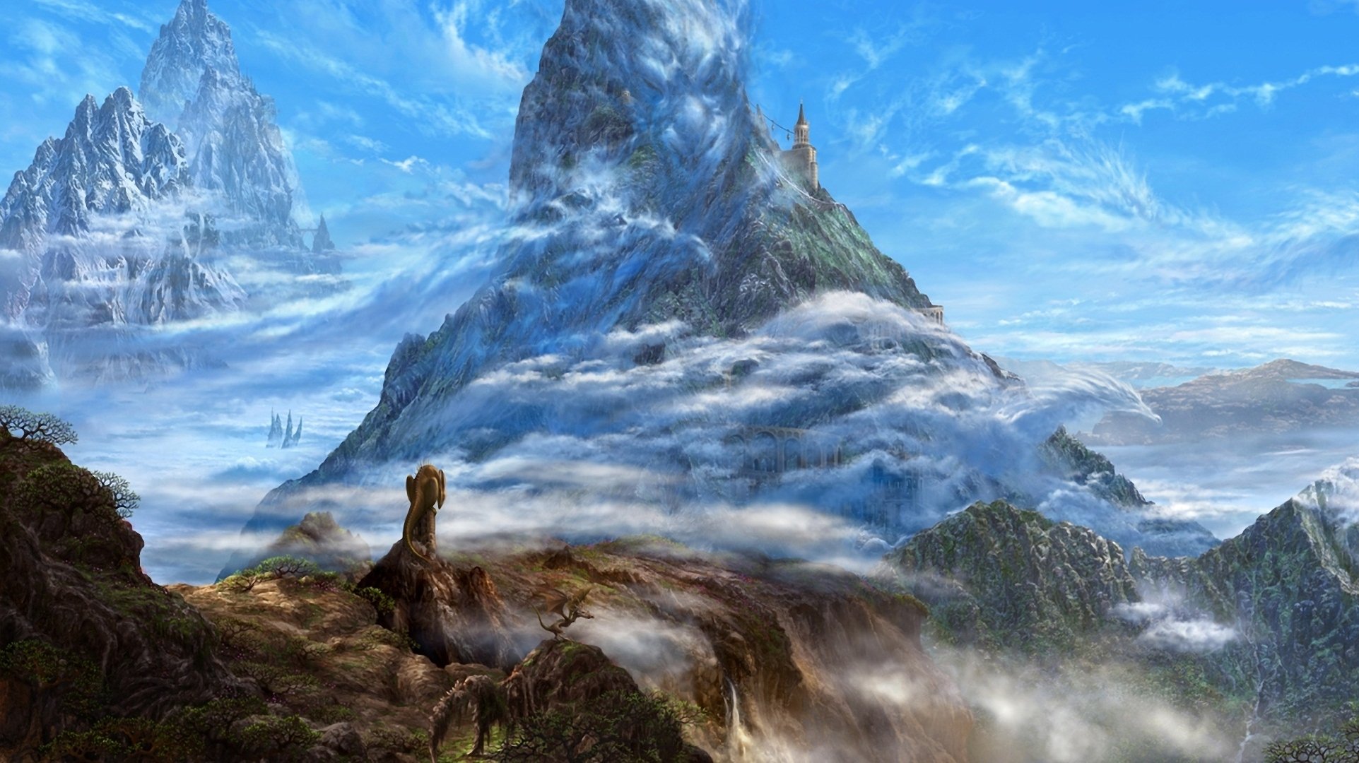 kunst ucchiey kazamasa uchio berge felsen drachen fantasie wolken burg