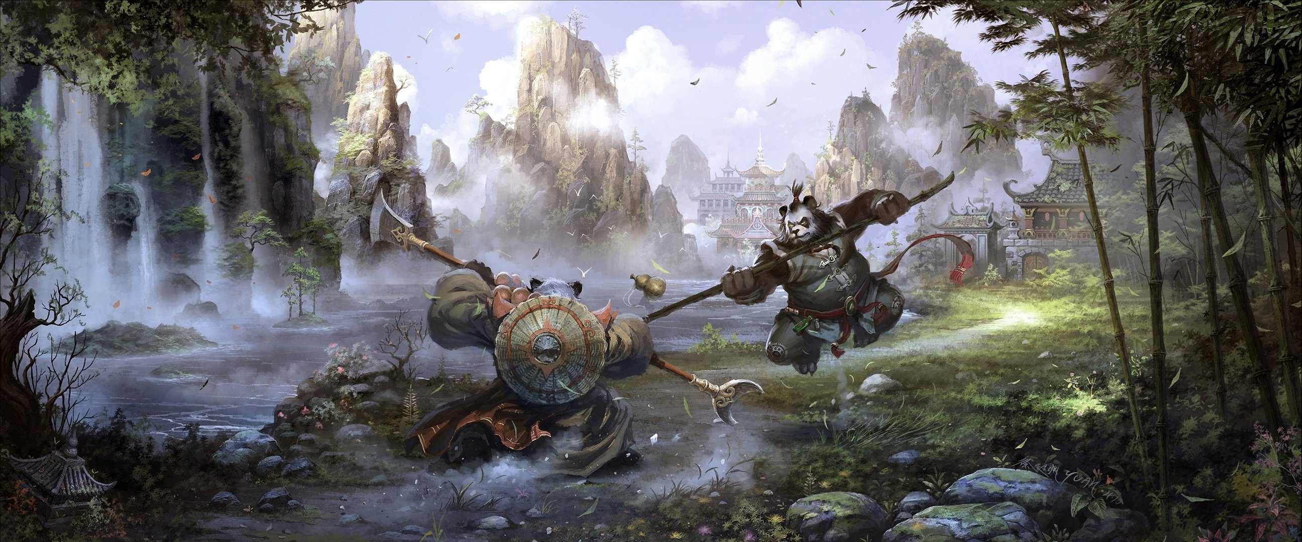 kunst chao yuan xu kung fu world of warcraft pandaria-nebel panda asien gebäude berge felsen fluss wasserfall landschaft schlacht kampf krieg bambus blätter waffen