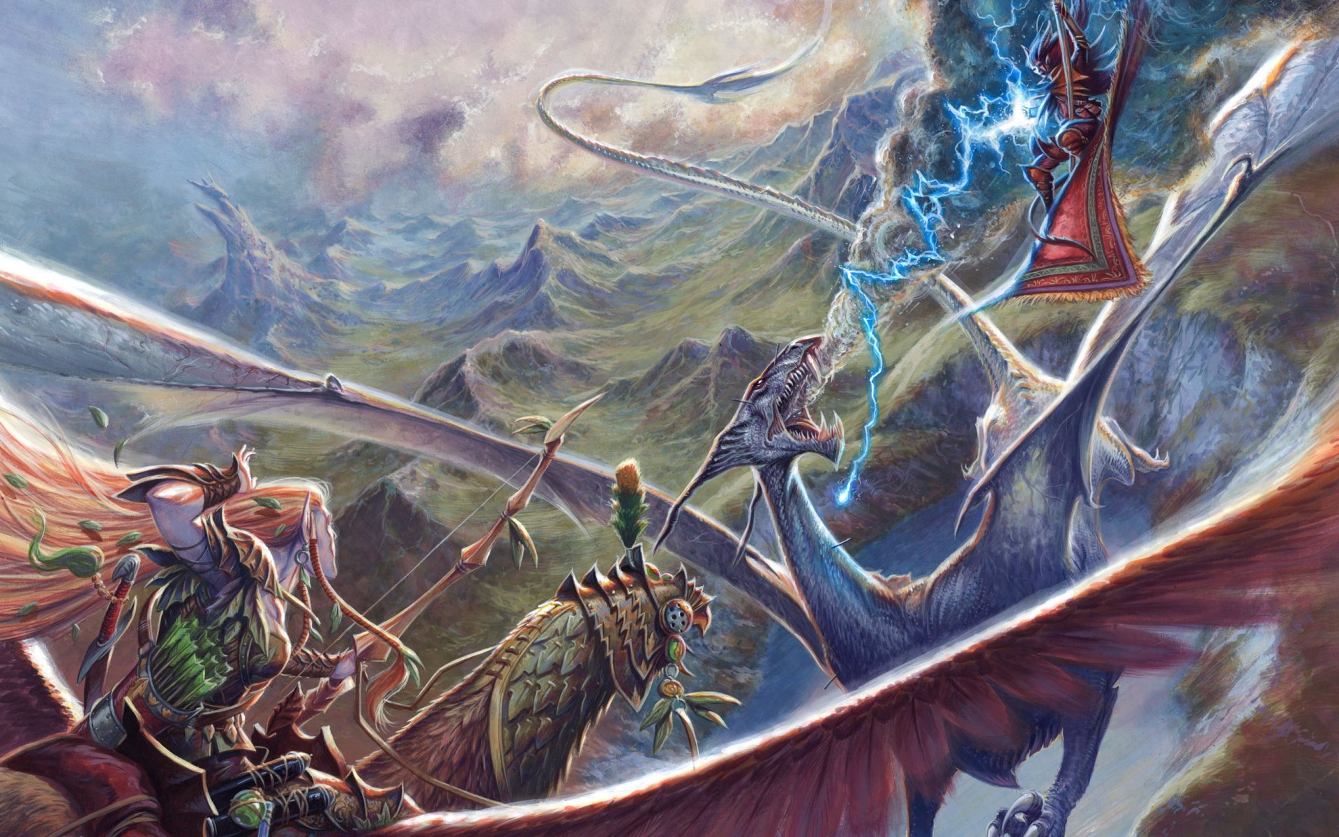 dragon mountain battle sky lightning magic torment elf