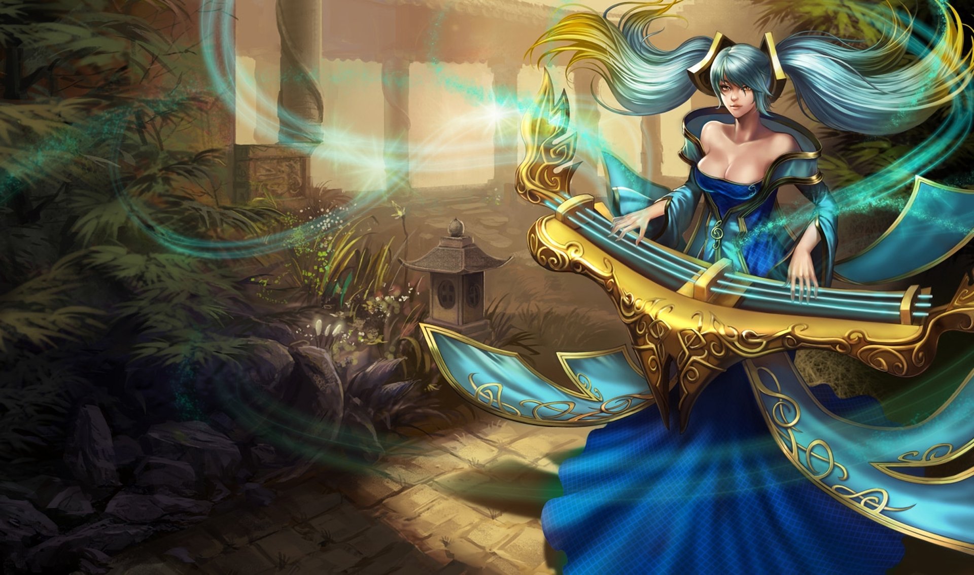 league of legends ragazza strumento musicale magia giardino pietre passerella