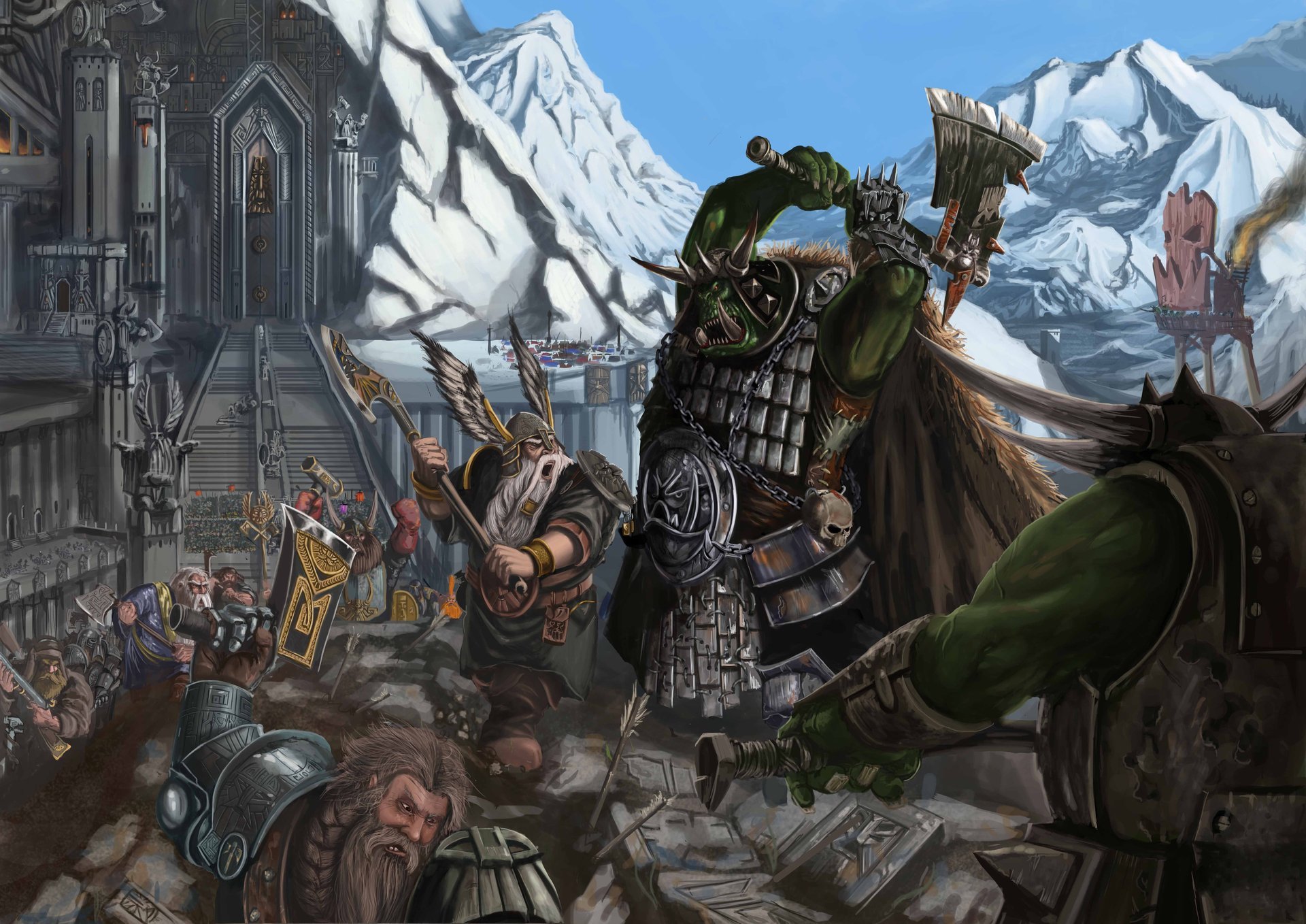 warhammer fantasy batailles attaque sur karak azul nains orcs forteresse montagne marches statues guerriers armes thor sekira