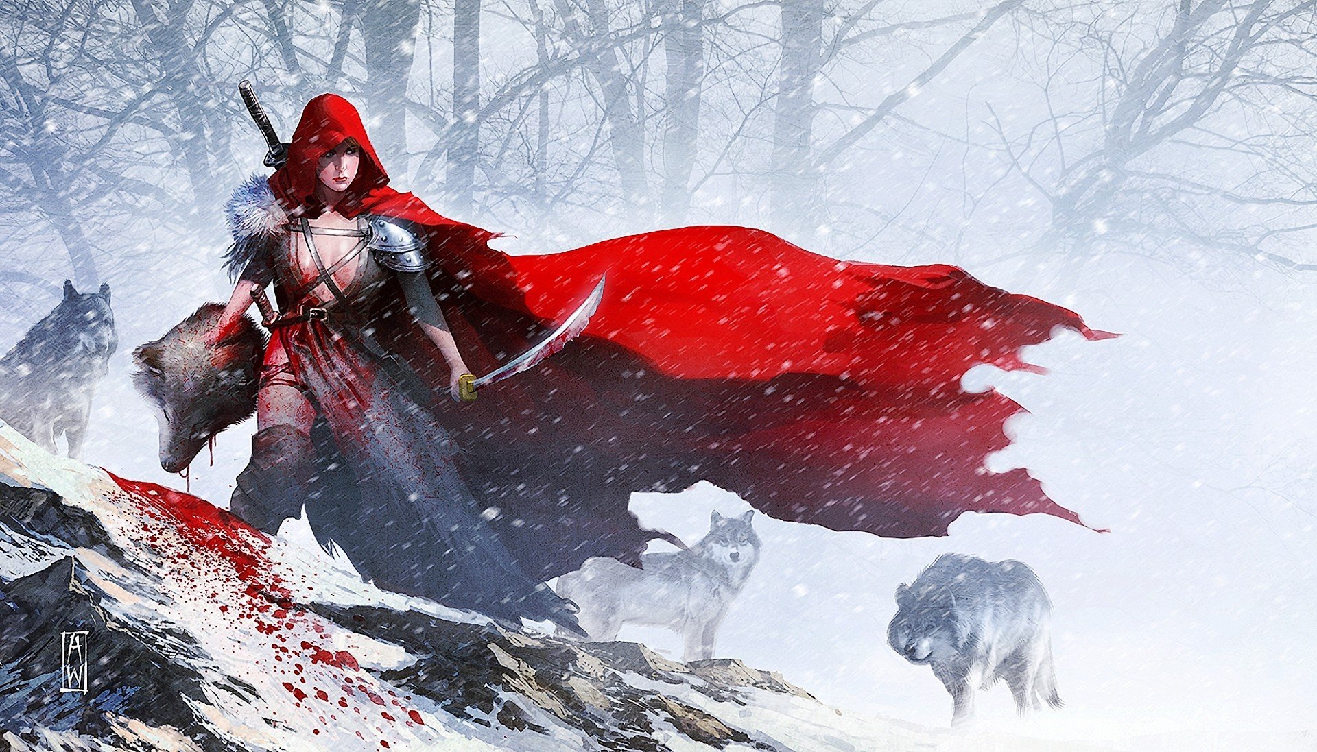 art petit chaperon rouge fille loups neige tête arme épée sang