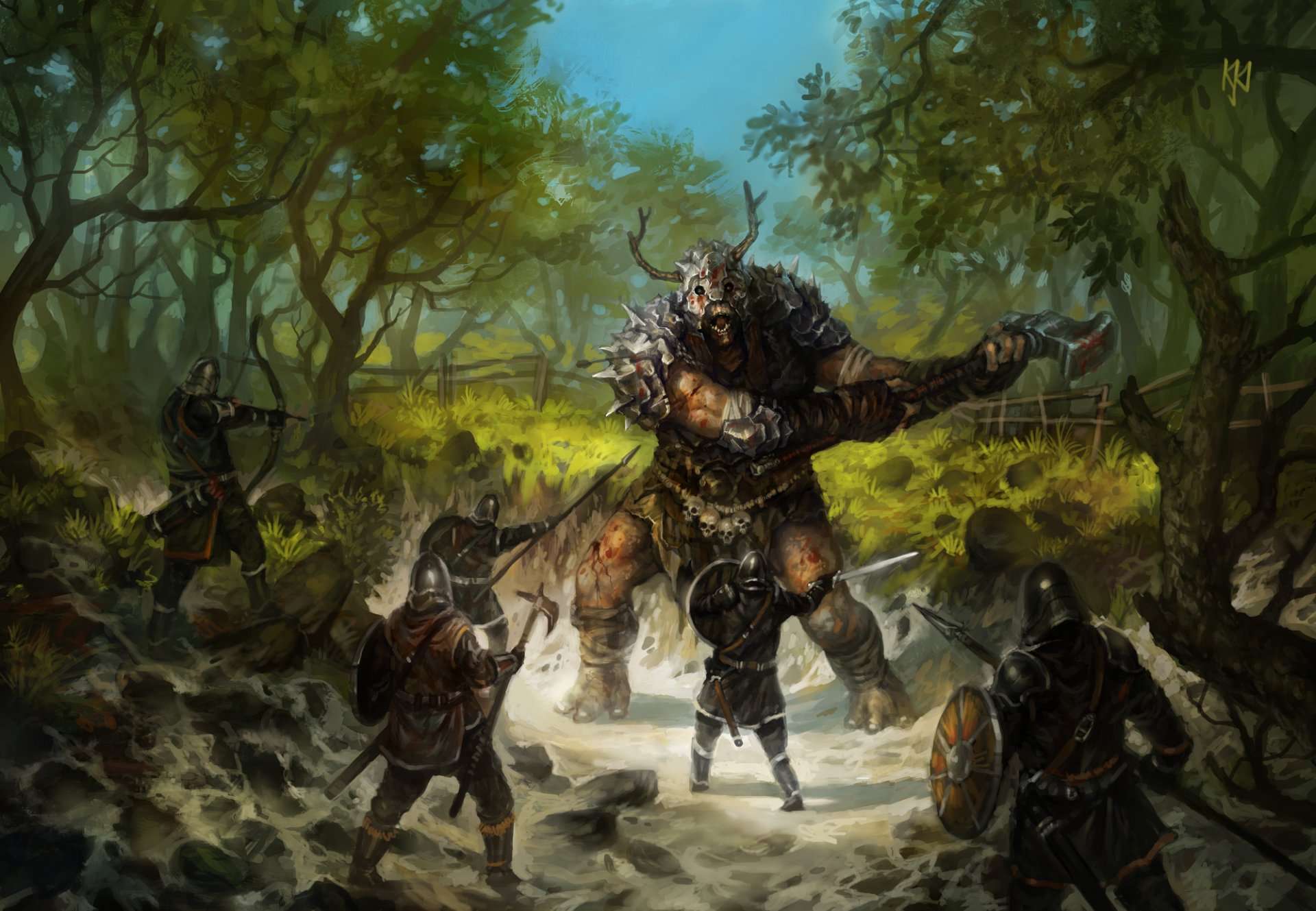 forest people troll hammer tree torment swords boards fence