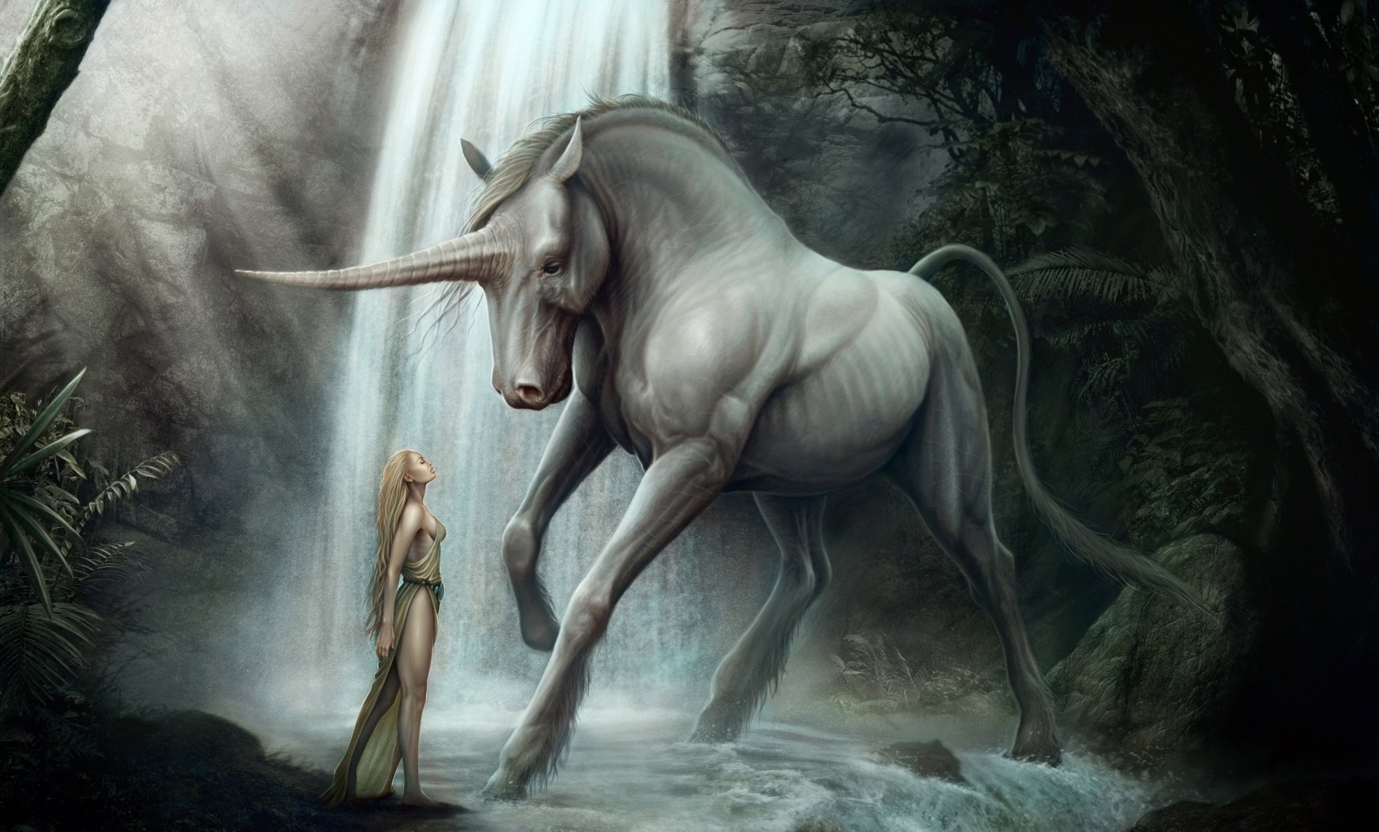 arte kenbarthelmey caballo unicornio cuerno chica cascada bosque