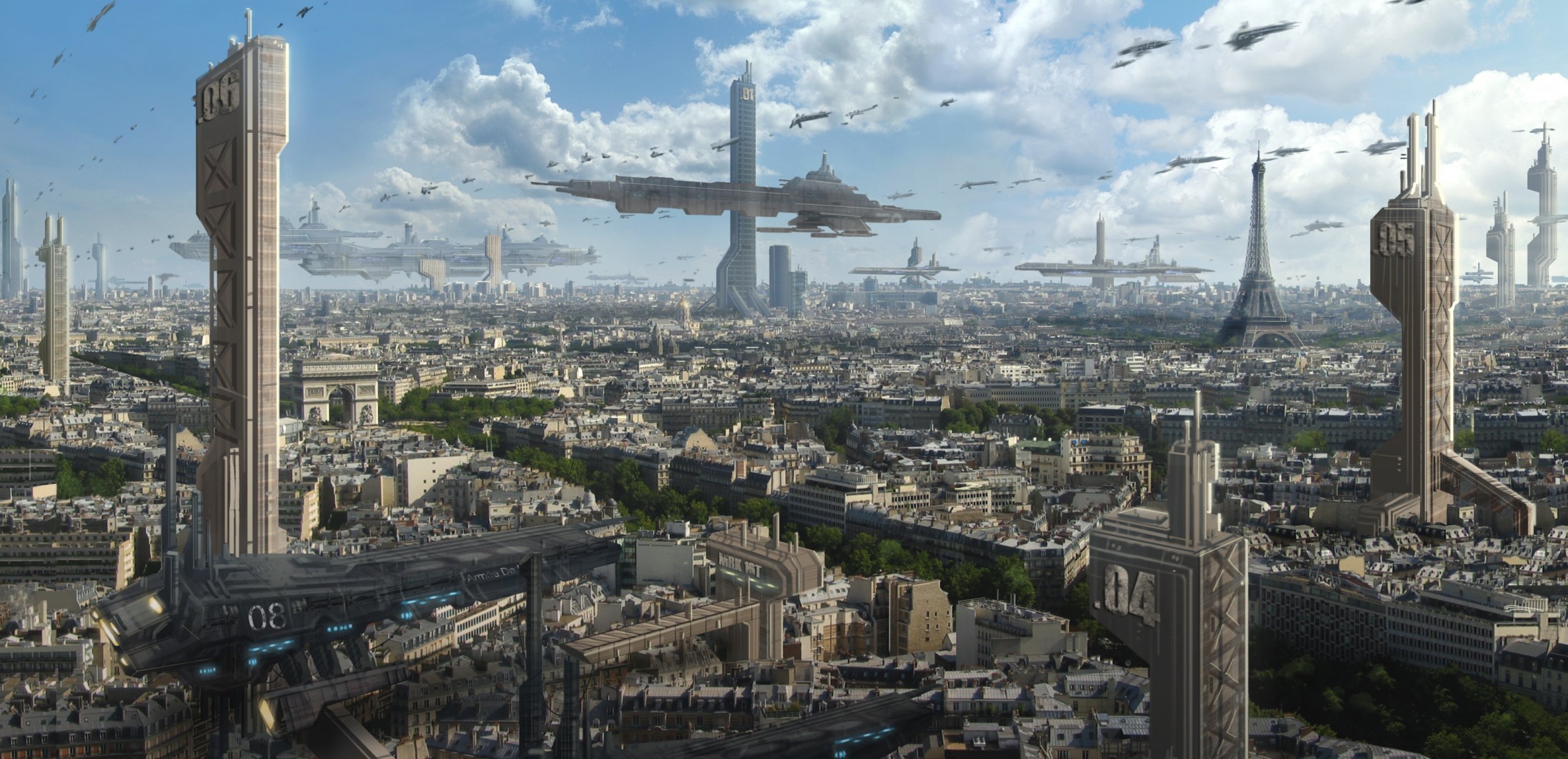 arte astrokevin ciudad futuro parís torre eiffel arco del triunfo barcos transporte rascacielos nubes vista