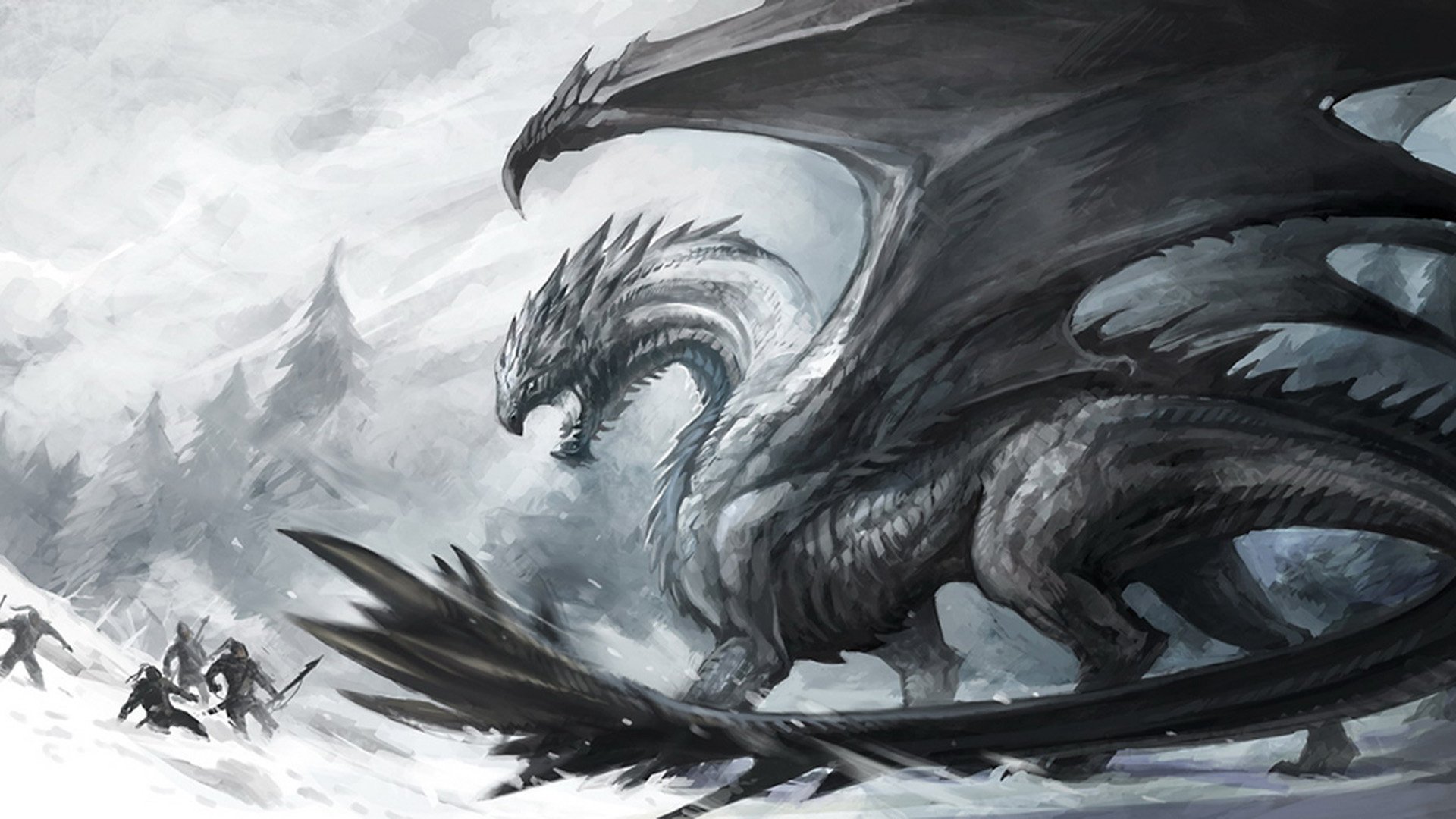 dragon bataille gens neige glace