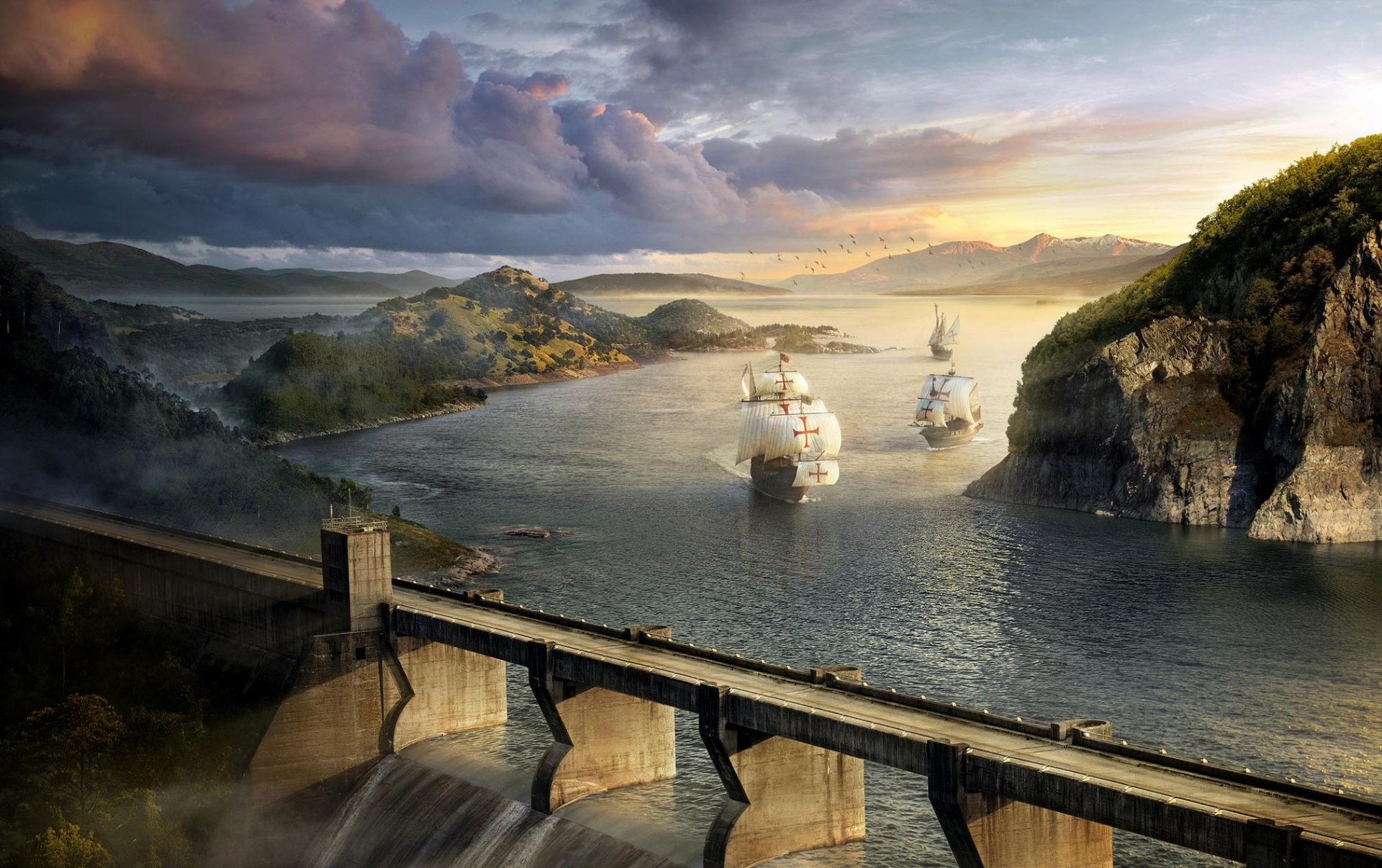 barcos veleros río puente dique rocas nubes aves paisaje