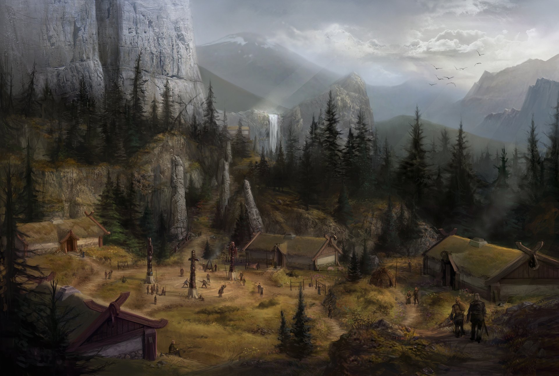 dragon age arte conceptual montañas cascada paisaje pueblo casas fantasía