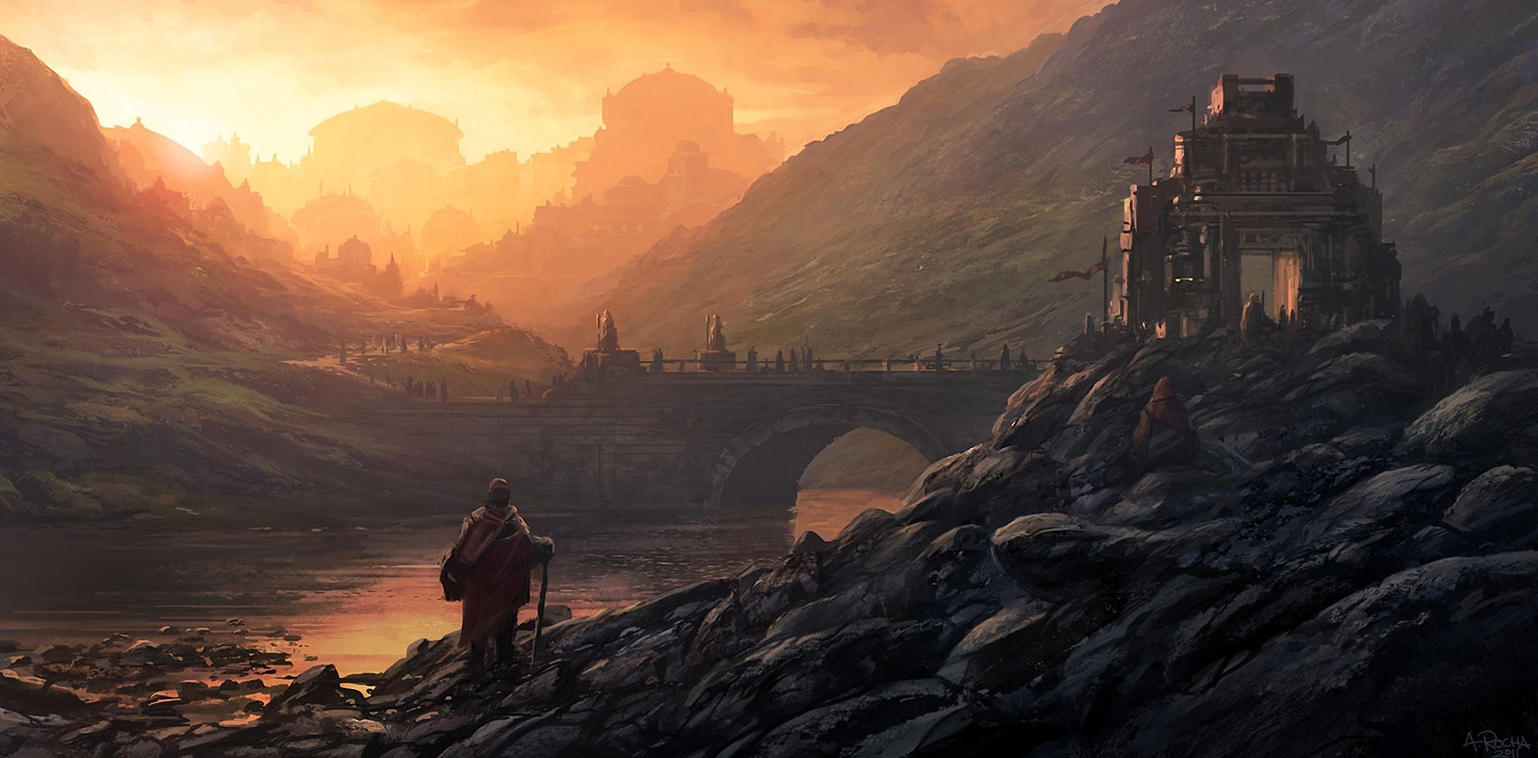 kunst andreas rocha landschaft menschen schloss brücke fluss stadt hügel steine sonnenaufgang