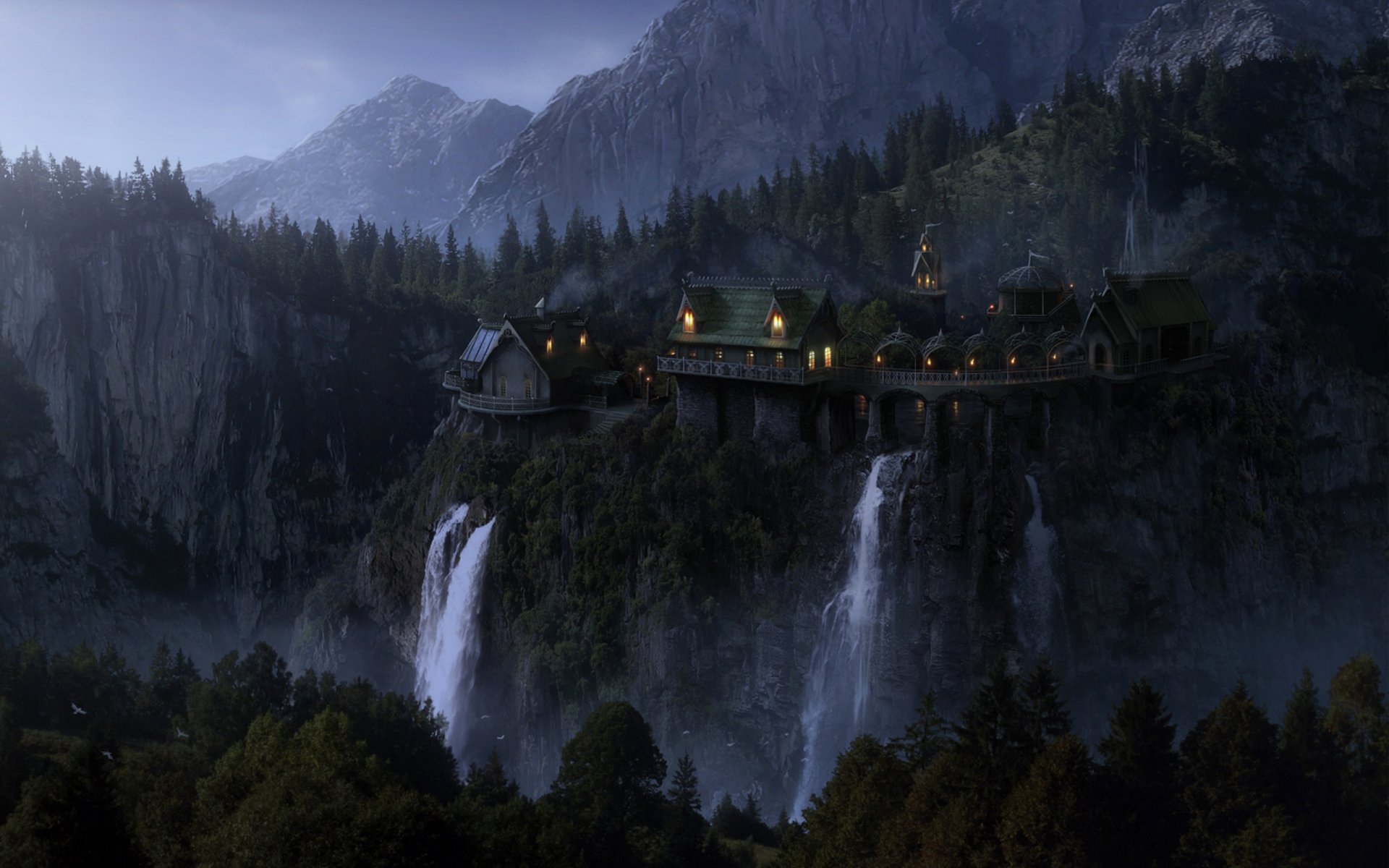 lord of the rings rivendell imladris fantasy elven castle waterfalls elven woods evening lanterns rocks mountains trees birds elrond castle lights rocks forest twilight