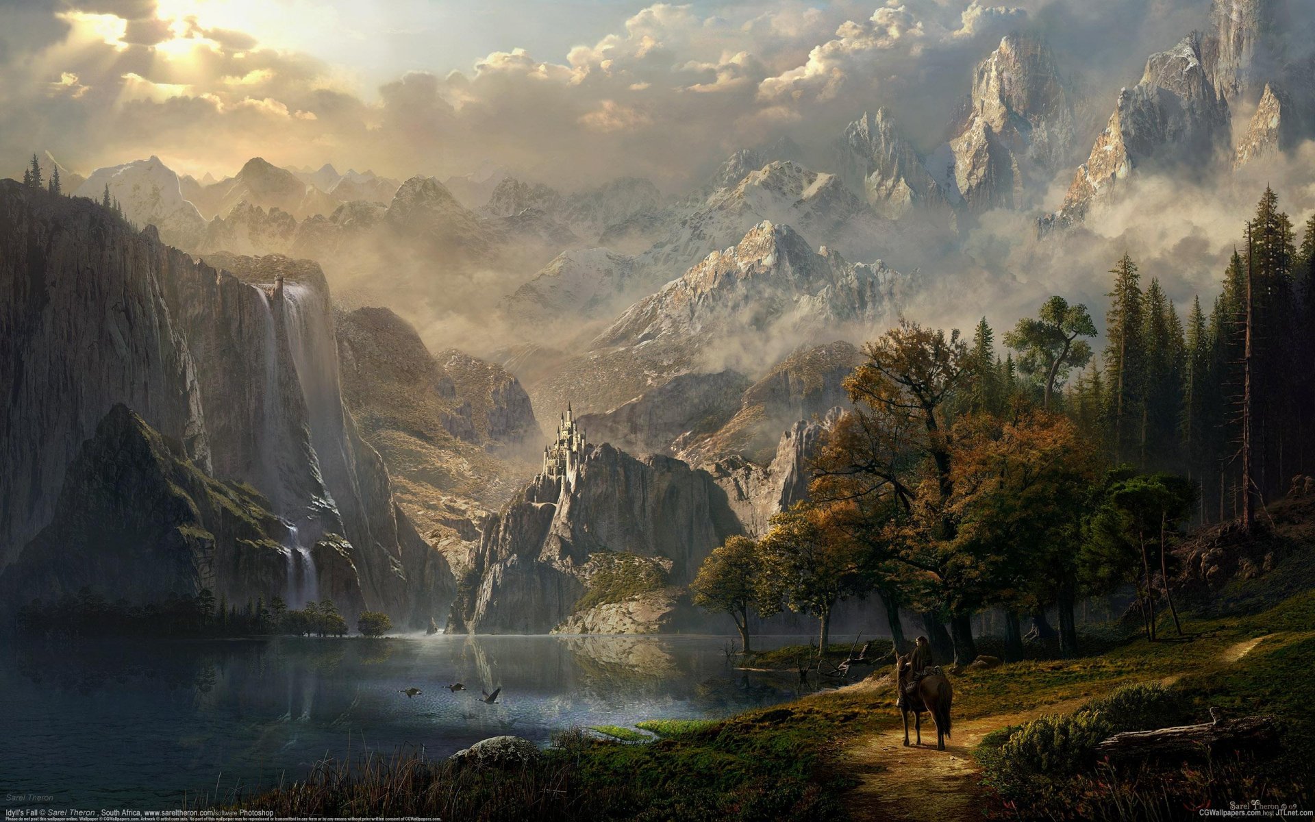 cg wallpaper idylle fallen sarel theron fantasie schloss see berge wasserfall wald mädchen elf pferd reiterin kunst