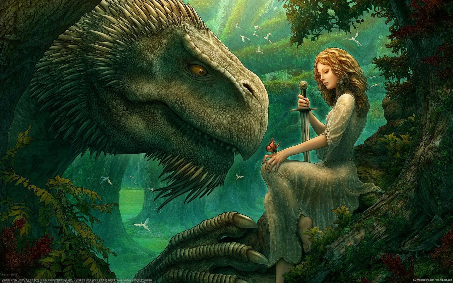 cg wallpaper kerem beyit time game oganna fantasy fairy tales magic fairies dragon master girl elf butterfly sword enchanted forest birds fairy tale clearing trees winged fairies magic warrior ba