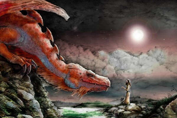 A girl sitting on rocks under the moon and a dragon