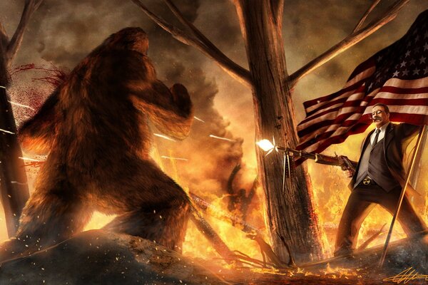 A man with a US flag shoots a bear