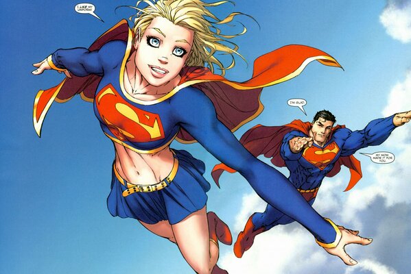 Supergirl and superman superheroes in flight