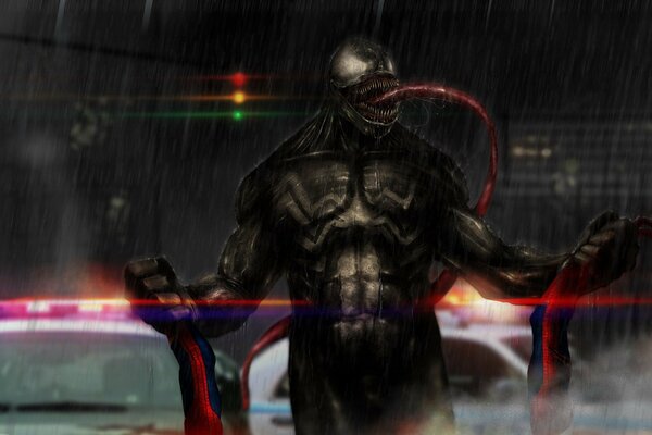 Venom in the rain on the background of a traffic light