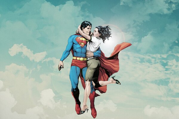 Superman mantiene a una chica en las nubes