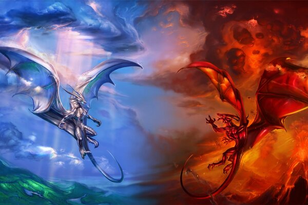 Blue and red dragons in the sky