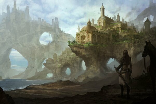 Fantasy landscape of a castle on the rocks