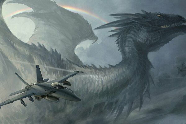 Dragon and plane on a rainbow background