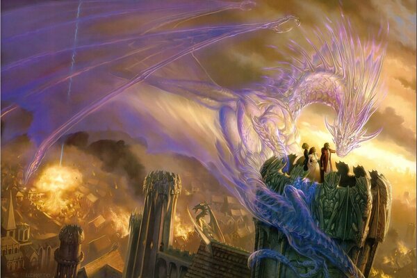 The dragon spirit sat on the tower with people during the fire and destruction