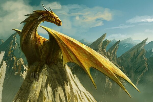 A magical dragon is sitting on top of a mountain