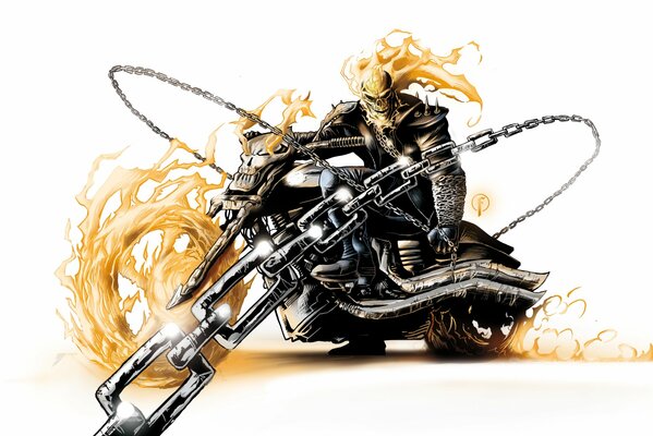 Art drawing of a ghost rider on fire with iron chains