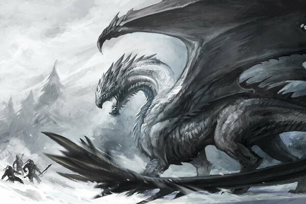 Bataille des hommes avec un dragon dans la neige