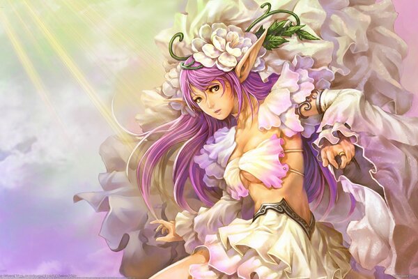 Elfe fille avec des cheveux lilas en fleurs