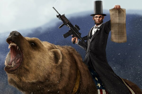 Abraham Lincoln with a machine gun under the snow on a bear