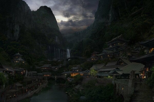 Maisons sur les montagnes. Lumières dans les maisons. Ciel nuageux