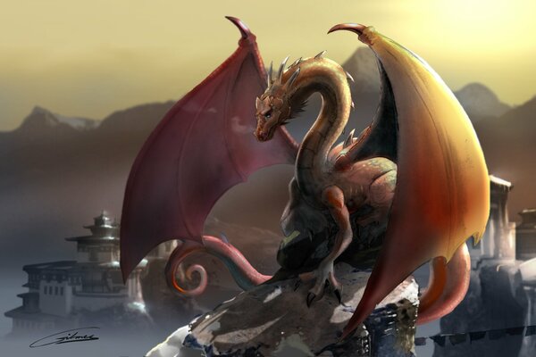 A beautiful dragon over a fabulous city