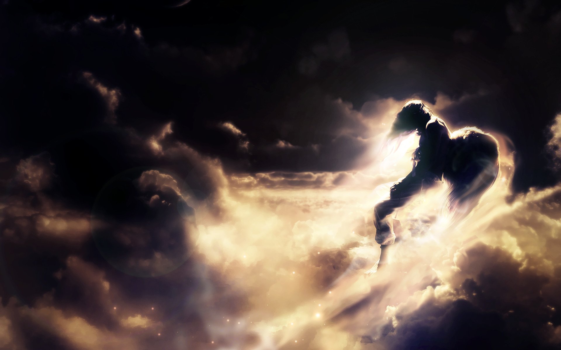 fiction fantasy sky clouds rays sun flight guy angel flowers background wallpaper