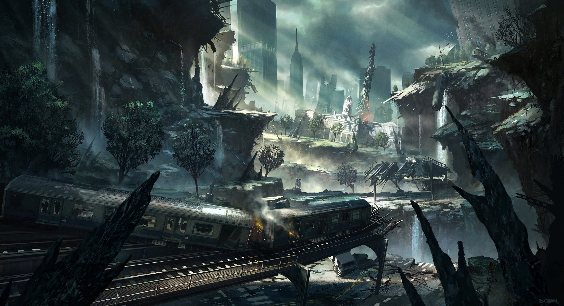 crysis 2 arte tren vagones rieles ciudad ruinas