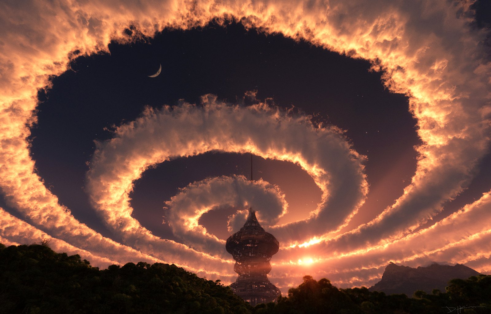 ky space clouds spiral 3-d building forest tower sunset star sun dome spire night nature landscape