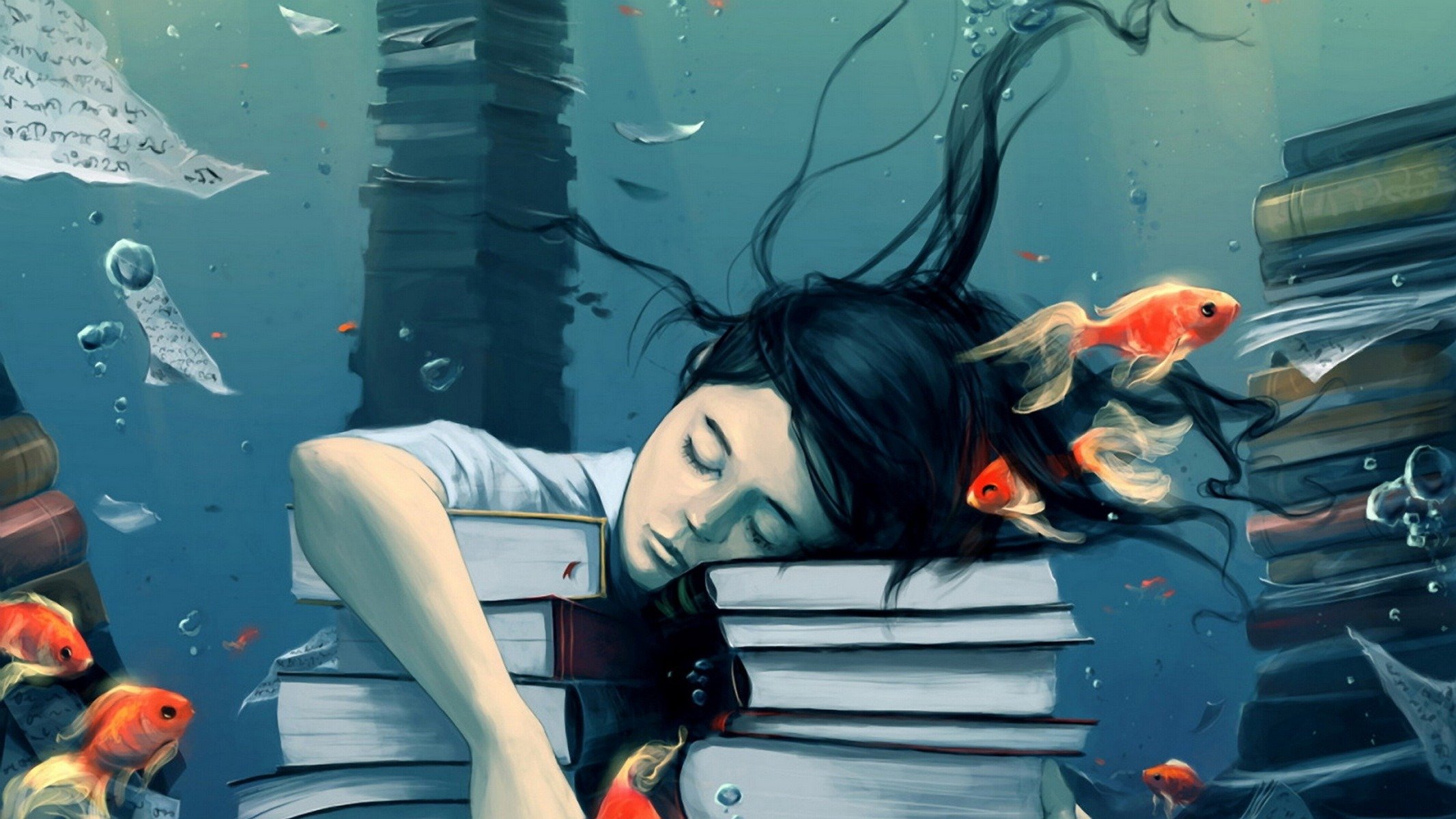 chica sueño sueños calma libros aprender peces agua burbujas