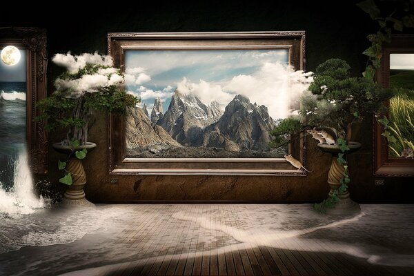 A picture in the gallery, on which mountains and clouds are painted