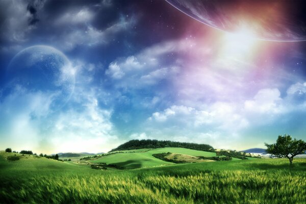 Fantastic landscape on a background of blue sky with planets