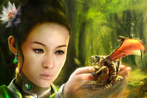 Asian woman holds a dragon in her palms