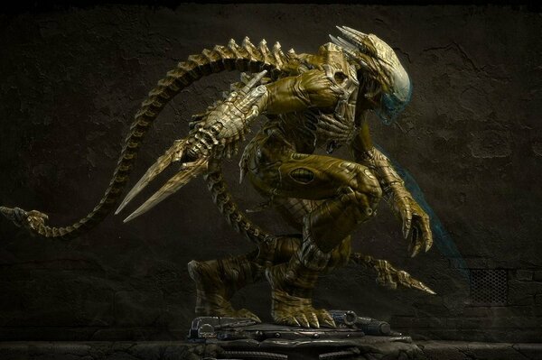 A big and scary monster with vertebrae is sitting on all fours on a black background