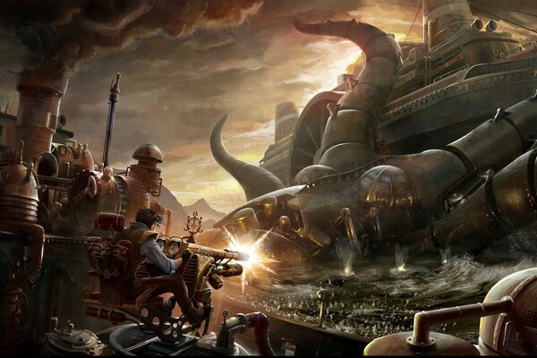 Steam ship and Octopus ship battle in Steampunk