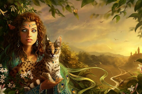 A cat woman with cloudy white eyes in a peacock costume holds a small lynx in a green necklace against the background of nature