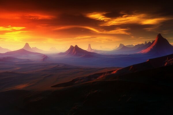 Mountains at sunset of the red planet