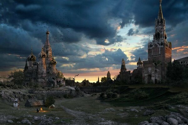 The Kremlin, St. Basil s Cathedral against the gloomy evening sky