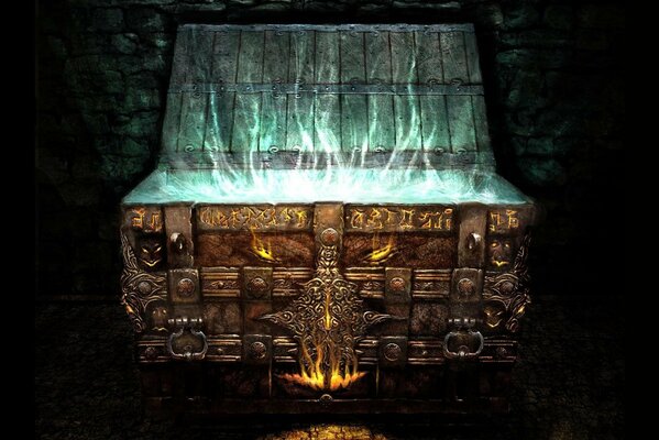 An open magic chest with runes